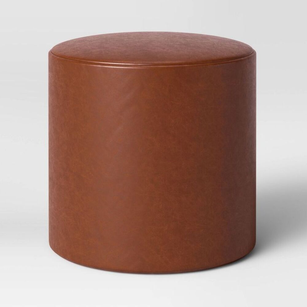 Project 62 - Bodrum Round Upholstered Ottoman Caramel Faux Leat Caramel